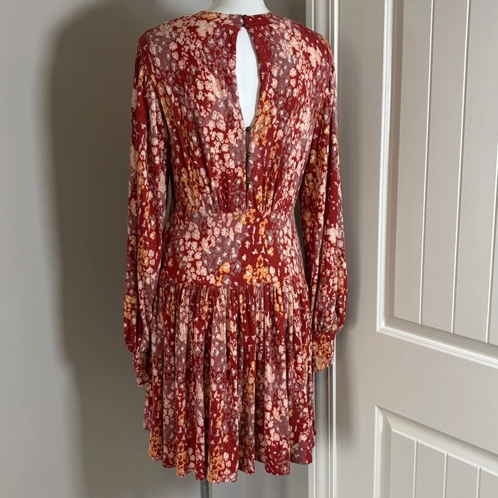 Free People Heartbeats Red Mini Dress Long Sleeve Rust Floral Mini Boho Sz M